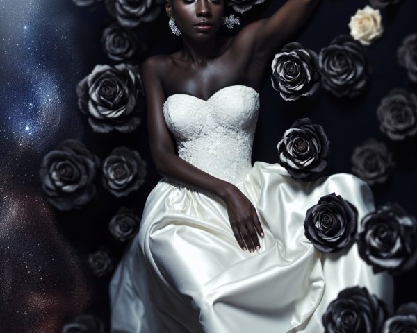 Serene Woman in White Gown Among Black and White Roses