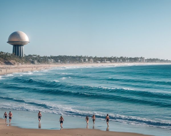 Serene beach scene with waves and futuristic dome