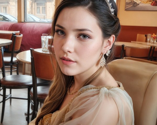 Elegant young woman in ornate gown at cozy café