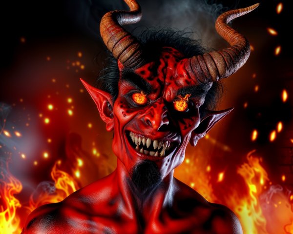 Fearsome Horned Demon with Red Skin and Flames