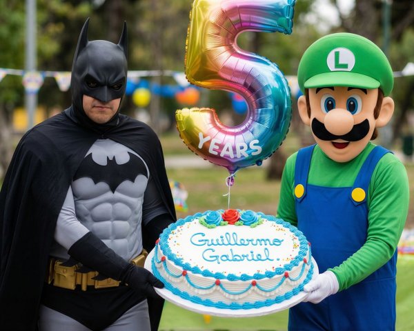 Outdoor Birthday Celebration with Batman and Luigi Costumes