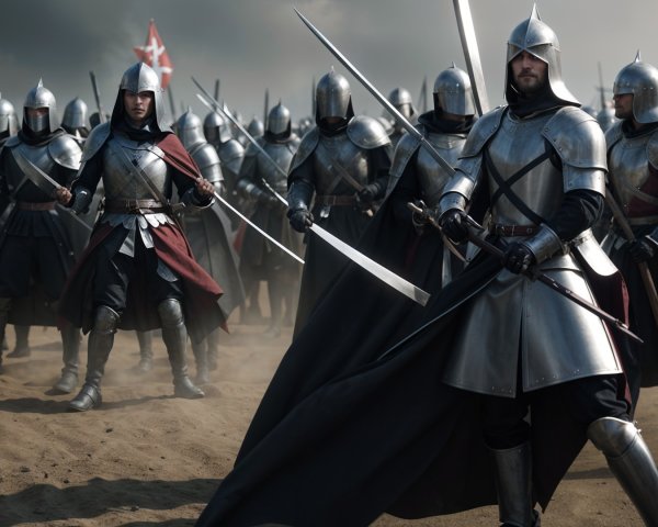 Medieval Knights in Armor Prepare for Battle Scene