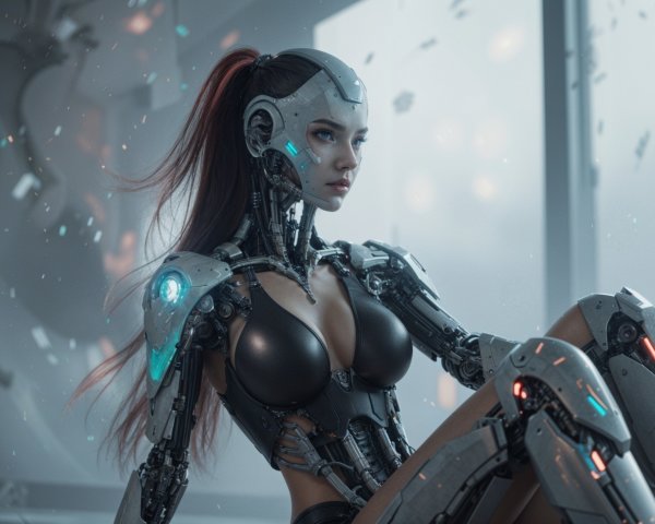 Futuristic Female Robot in High-Tech Environment