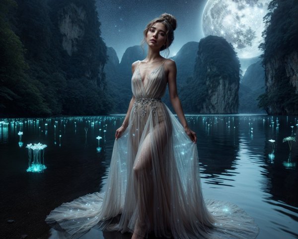 Young woman by moonlit lake with glowing flowers