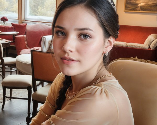Elegant young woman in soft-toned dress at café