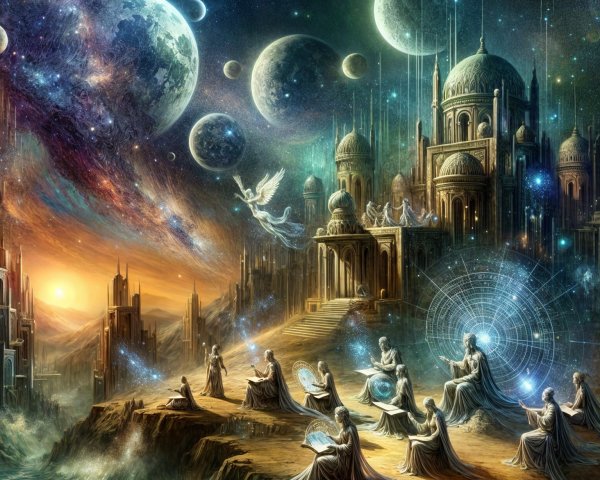 Cosmic Landscape with Celestial Beings and Orbs