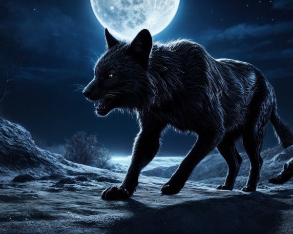 Black Wolf Under Full Moon in Rugged Landscape