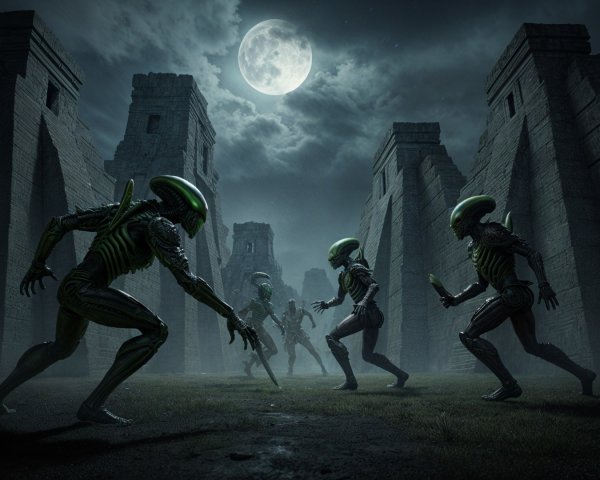 Aliens in Misty Ancient Setting Under Full Moon