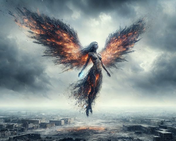 Majestic figure with fiery wings over dystopian landscape