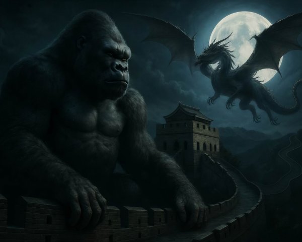 Muscular Gorilla and Dragon Under Full Moon Sky