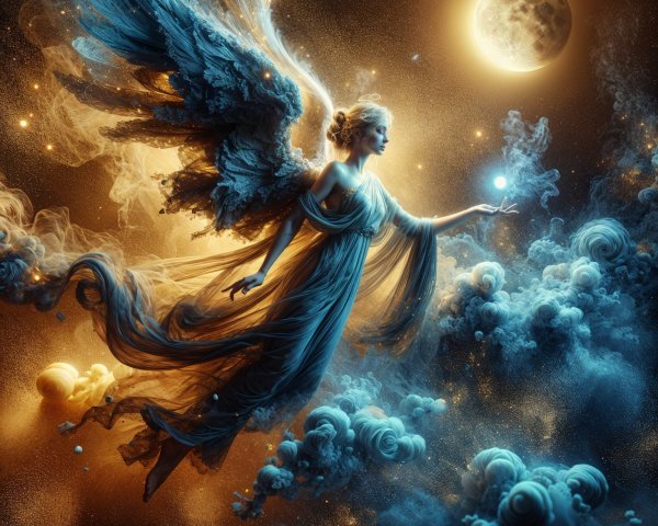 Majestic figure with wings in a cosmic scene