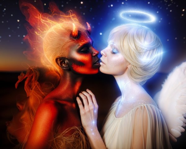 Duality of Devil and Angel Against Twilight Sky