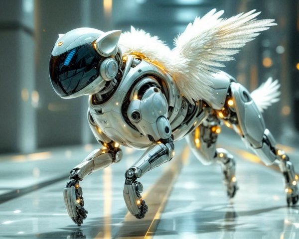Futuristic Robotic Dog with Metallic Body and Wings