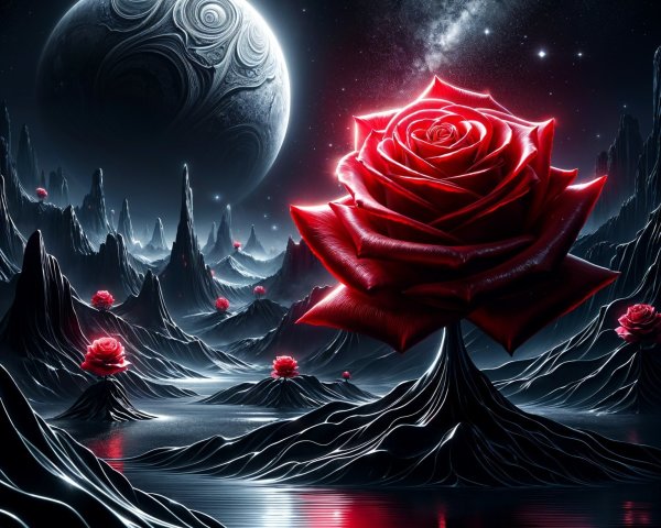 Surreal Landscape with Mountains, Sea, and Roses