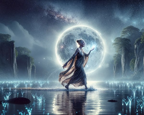 Mystical figure in a shimmering lake under moonlight