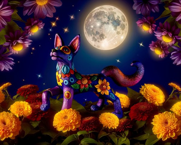Colorful Dog Sculpture in Flower Garden at Night