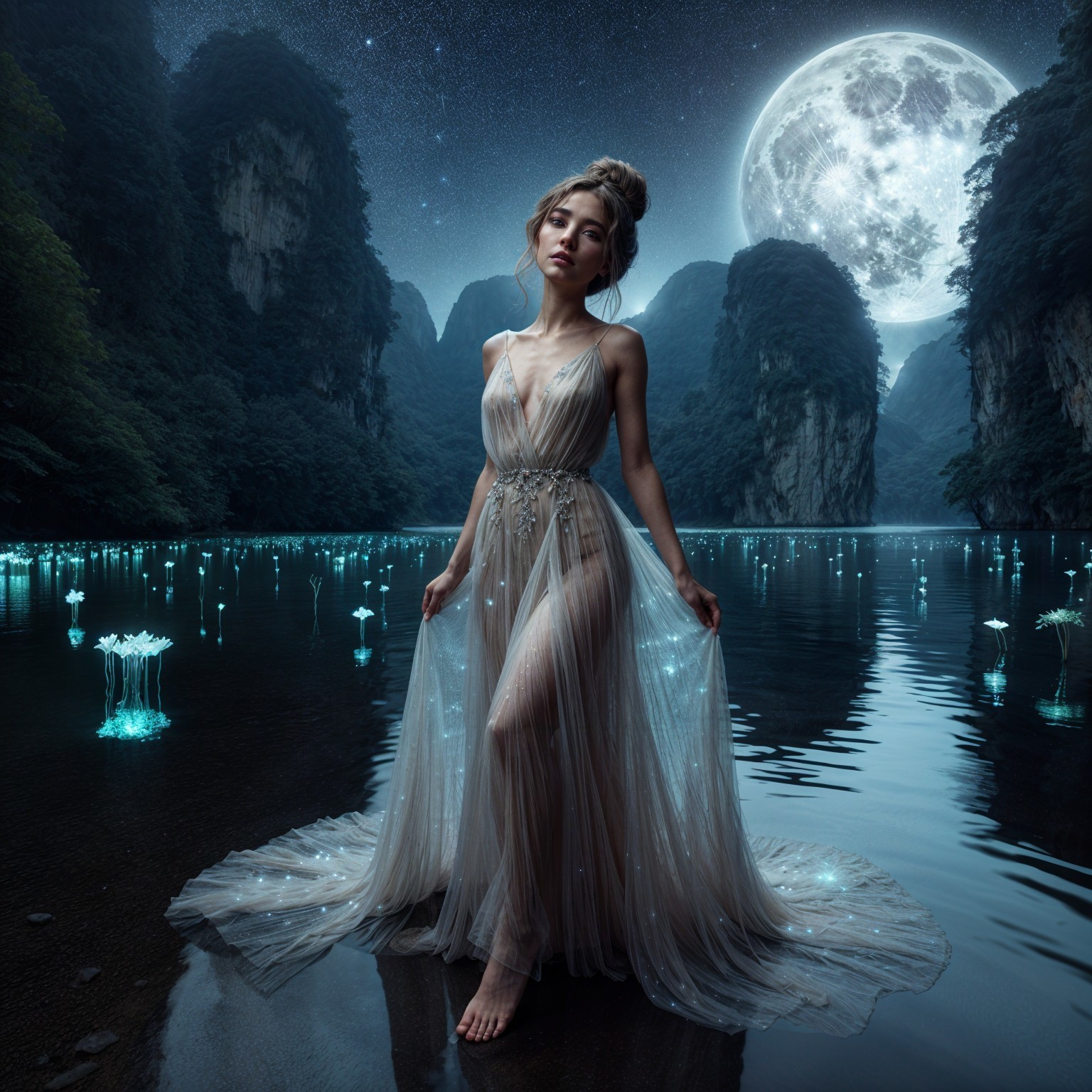 Young woman by moonlit lake with glowing flowers