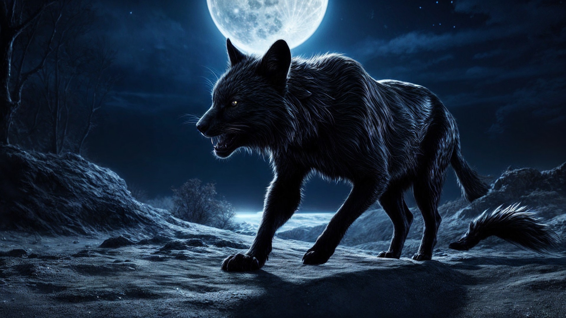 Black Wolf Under Full Moon in Rugged Landscape