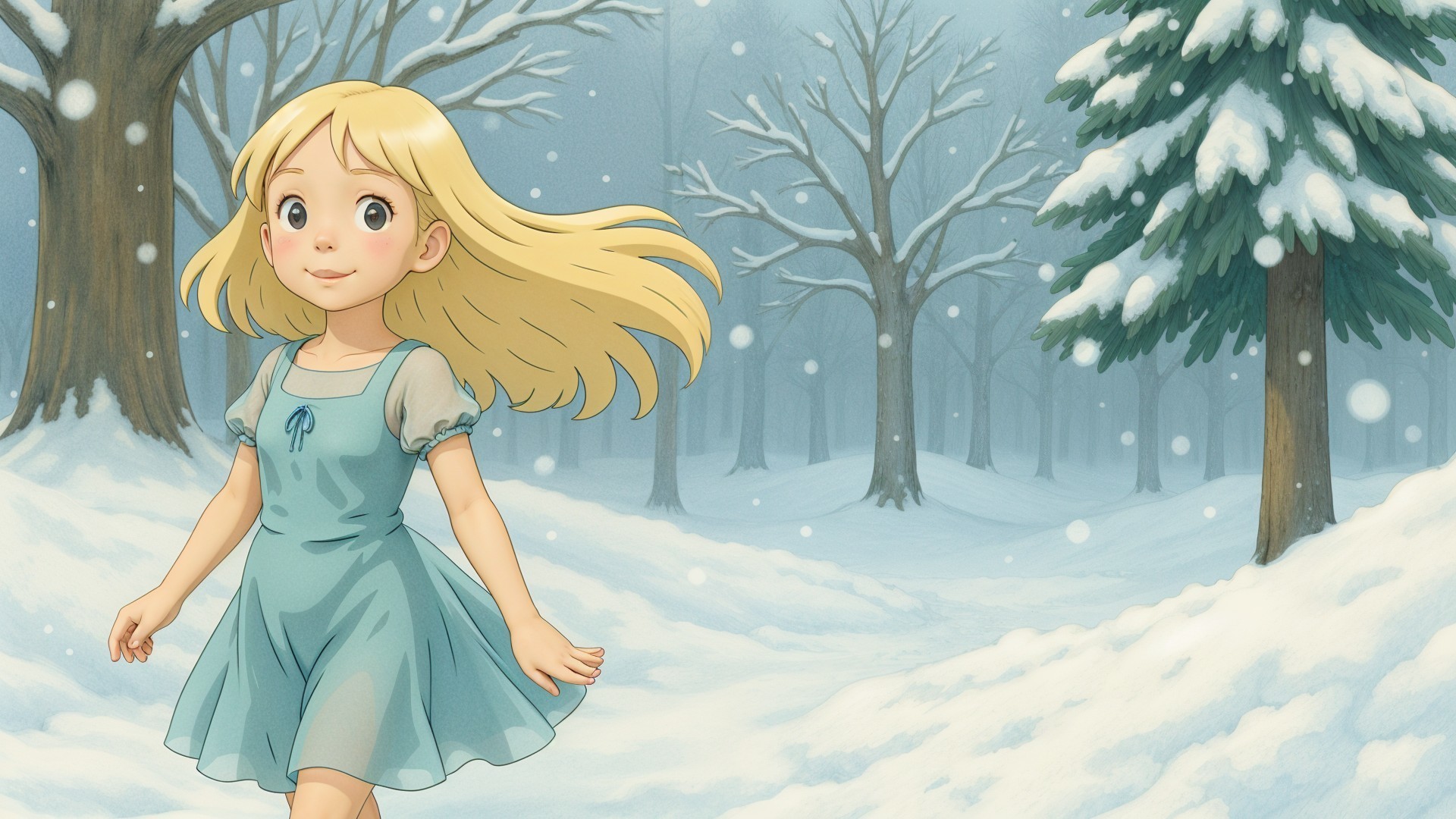 Cheerful girl in snowy landscape with falling snowflakes