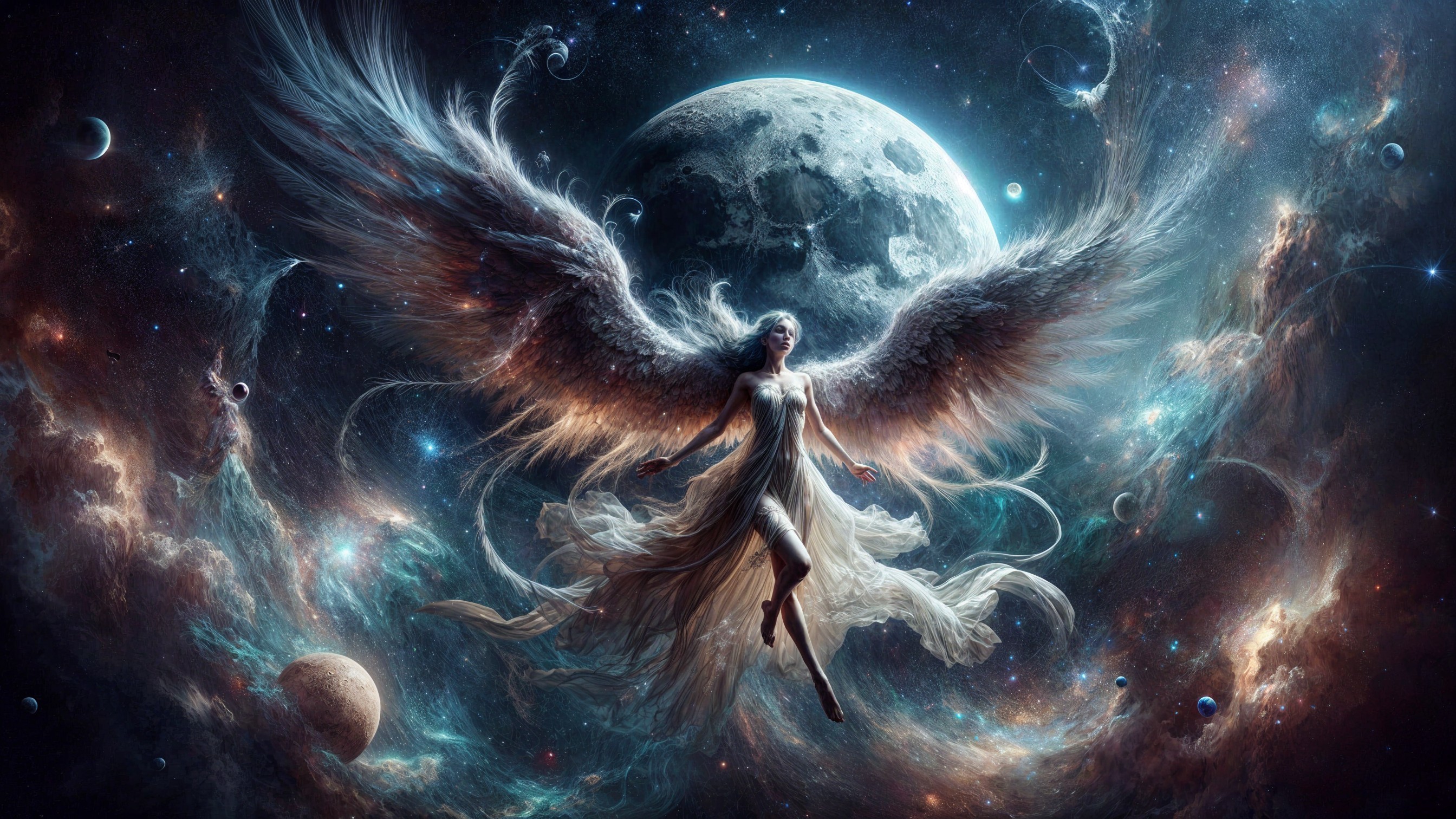 Celestial Figure with Wings in Cosmic Landscape