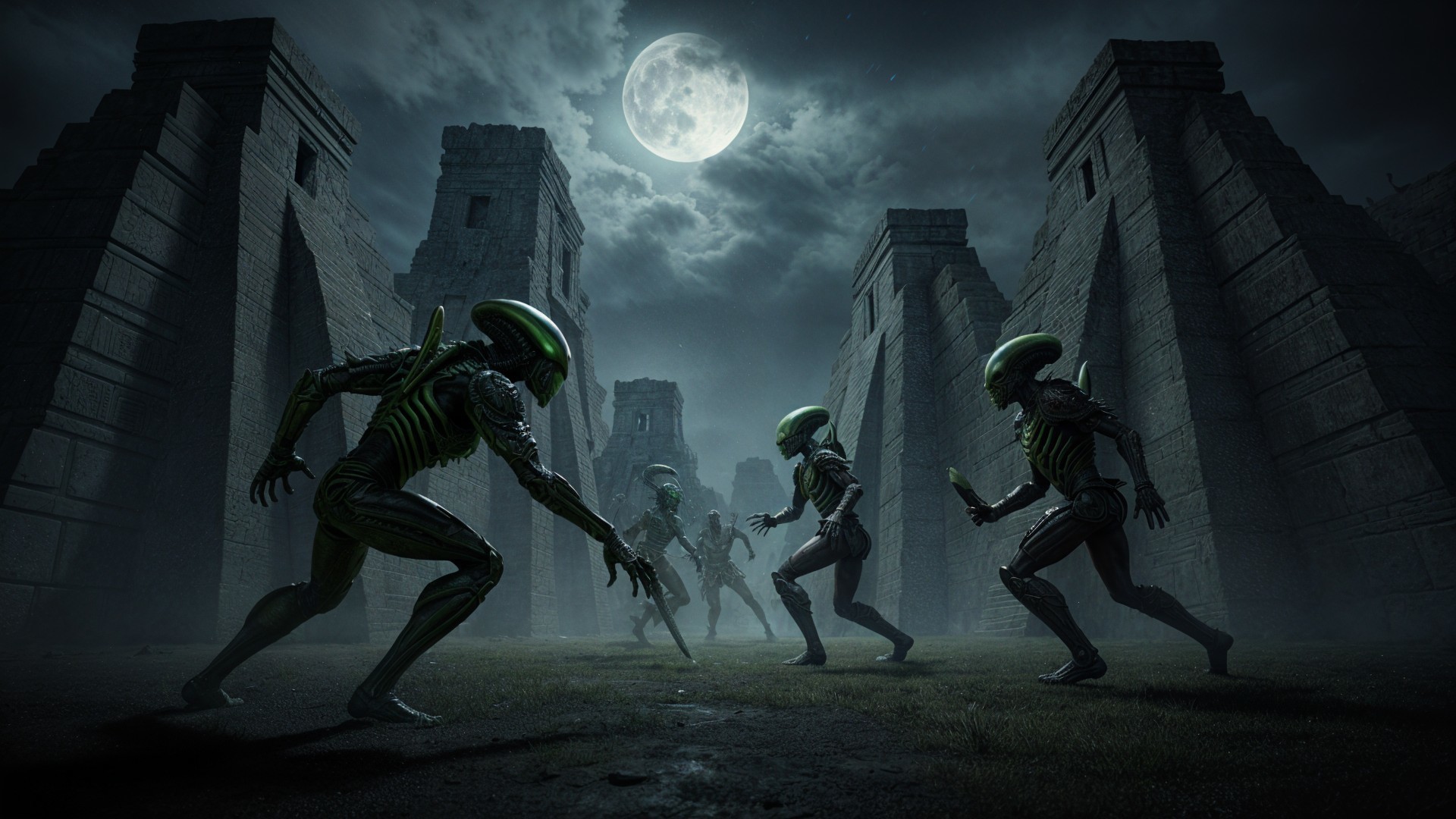 Aliens in Misty Ancient Setting Under Full Moon