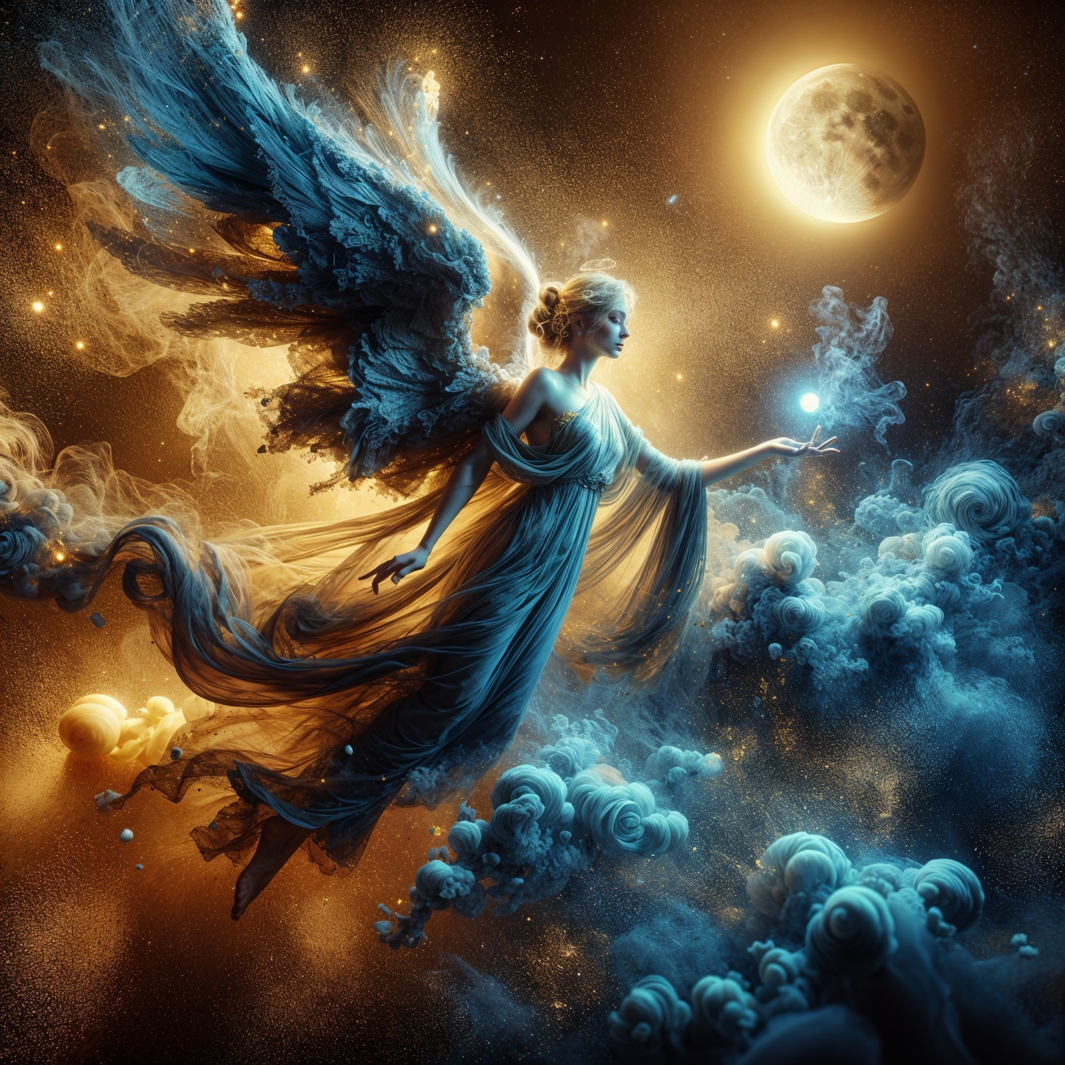 Majestic figure with wings in a cosmic scene