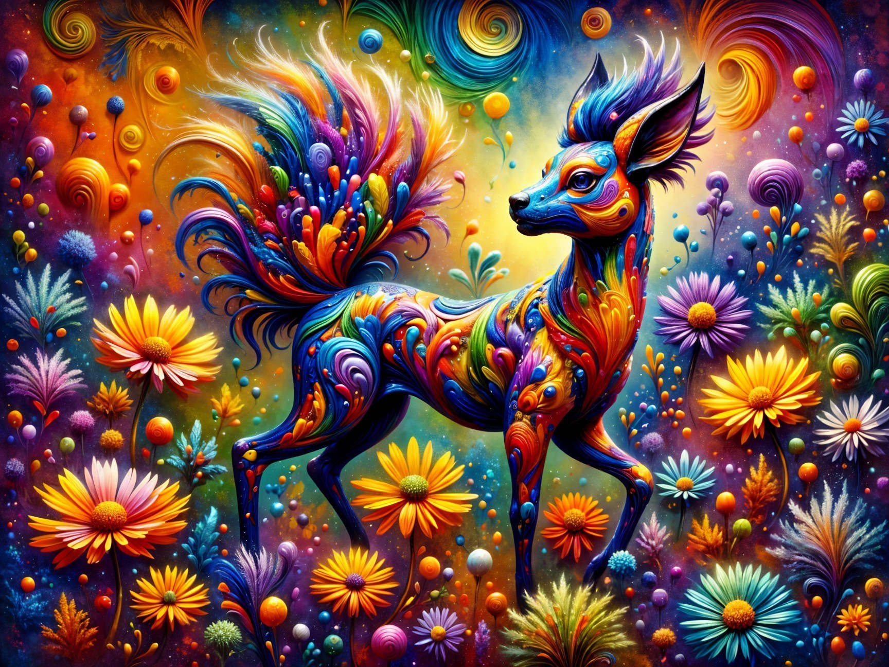Vibrant Creature Among Colorful Floral Explosion