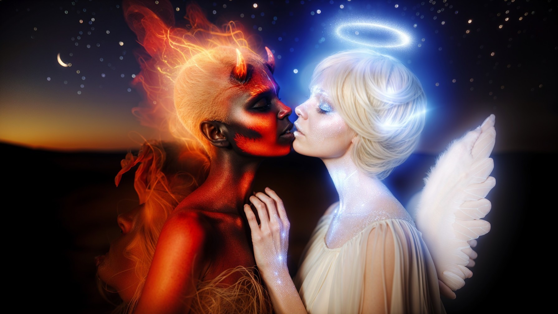 Duality of Devil and Angel Against Twilight Sky