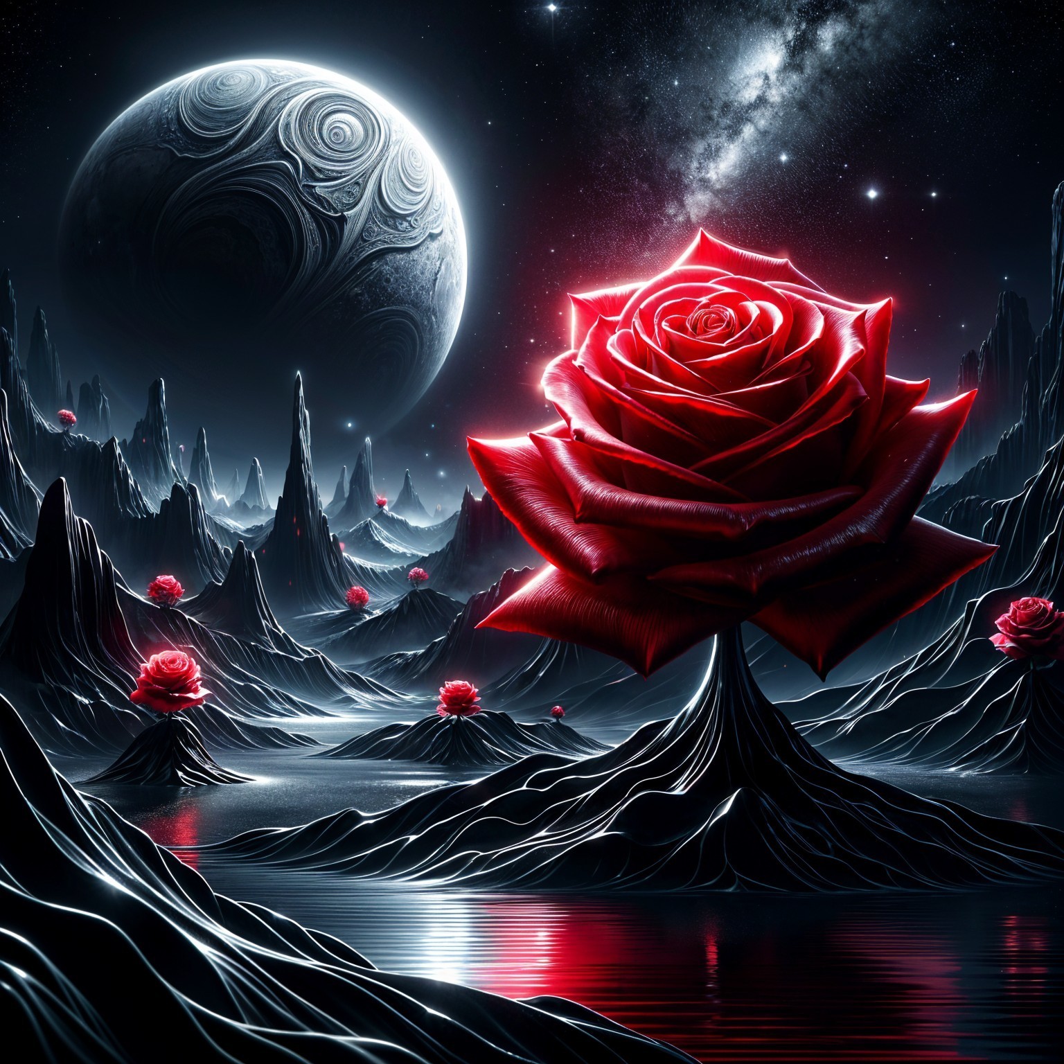 Surreal Landscape with Mountains, Sea, and Roses