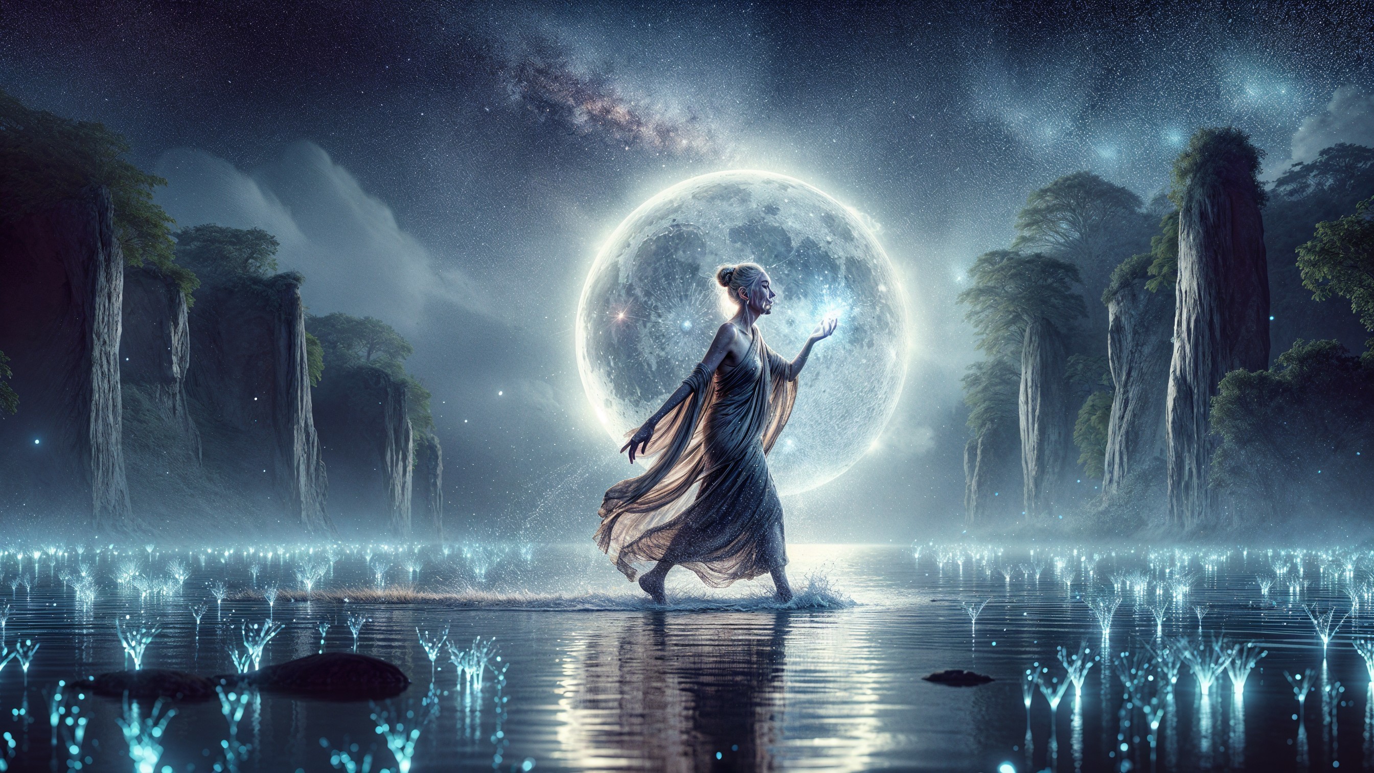 Mystical figure in a shimmering lake under moonlight