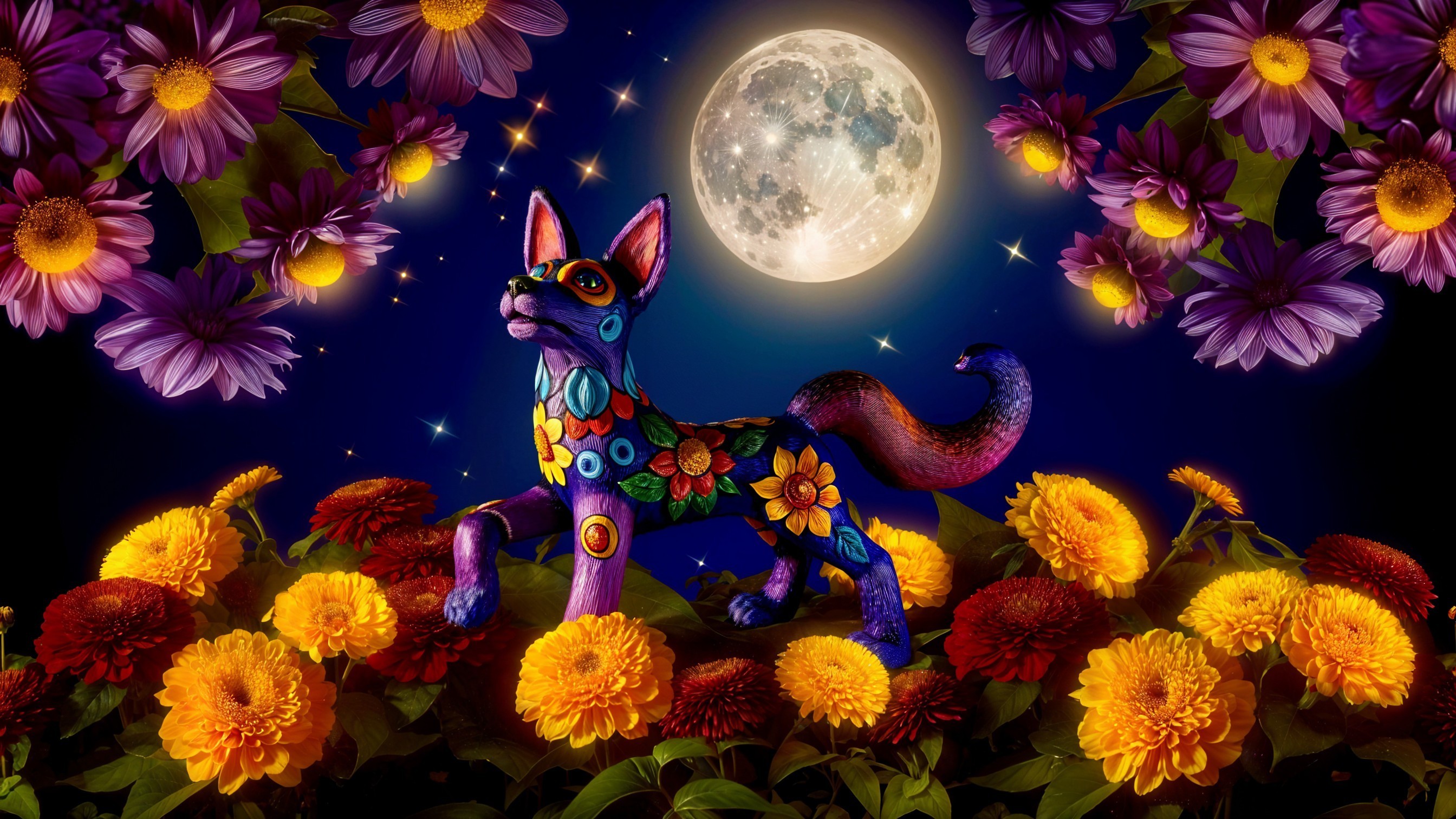 Colorful Dog Sculpture in Flower Garden at Night