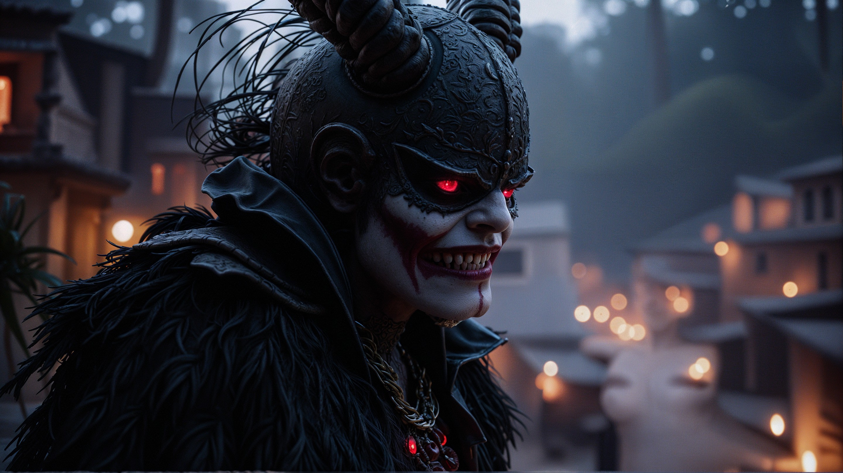 Menacing Figure in Intricate Armor and Dark Fabric
