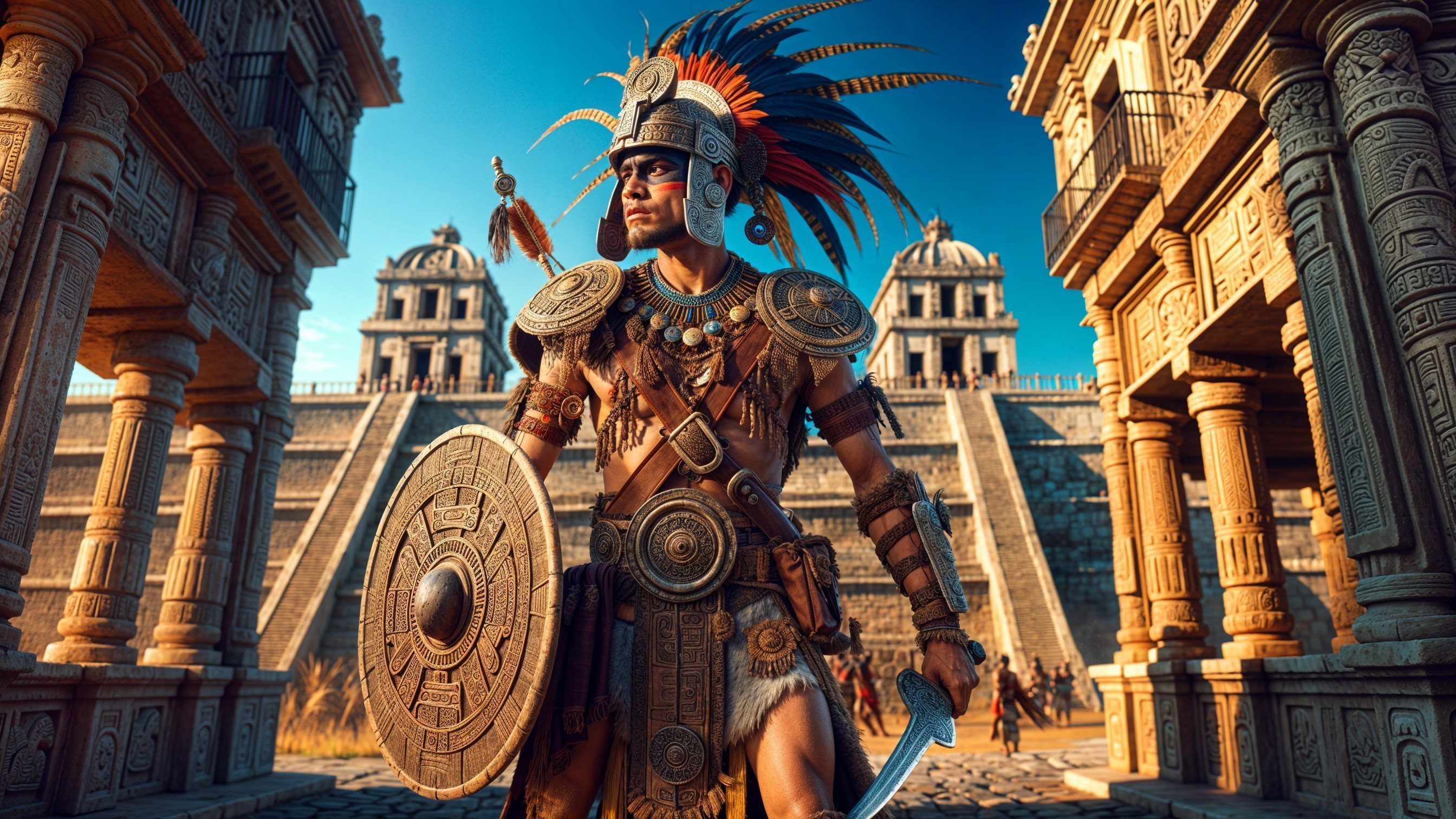 Warrior in Ornate Armor Amidst Ancient Architecture