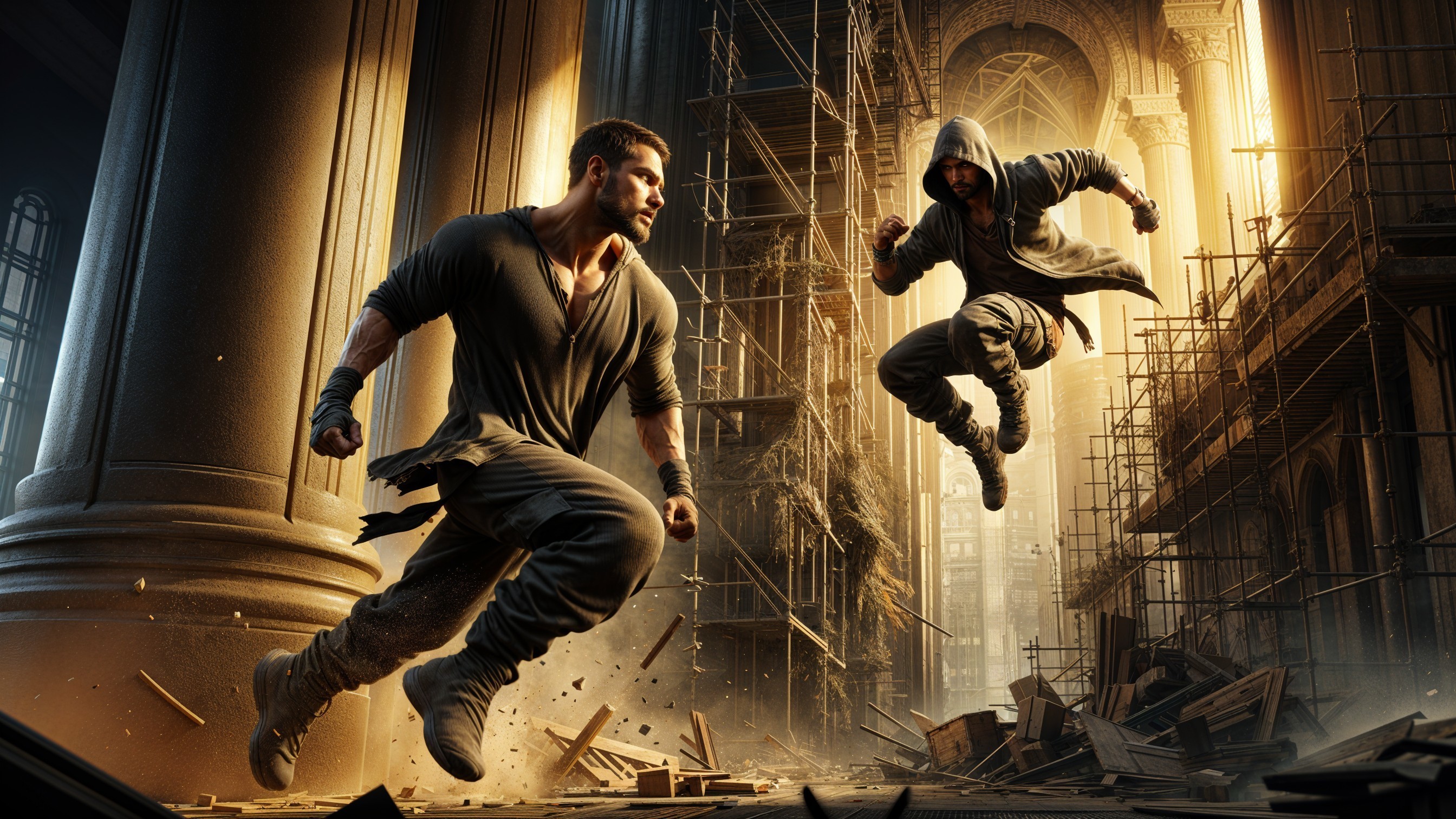 Dynamic Urban Duel Under Golden Sunlight