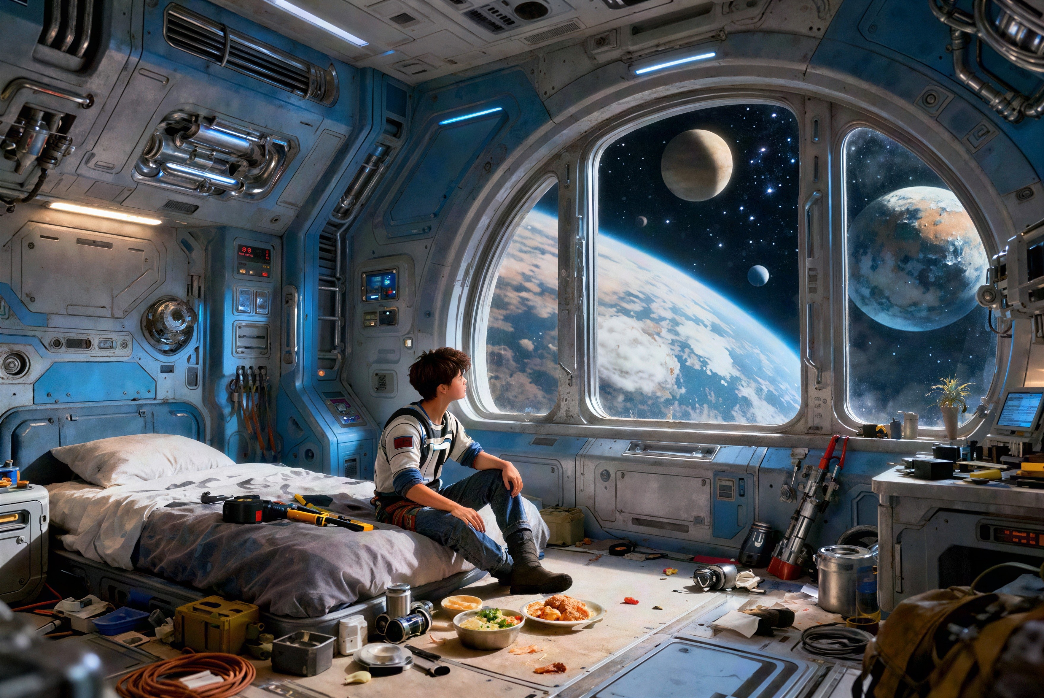 Futuristic Astronaut Quarters with Earth View and Clutter