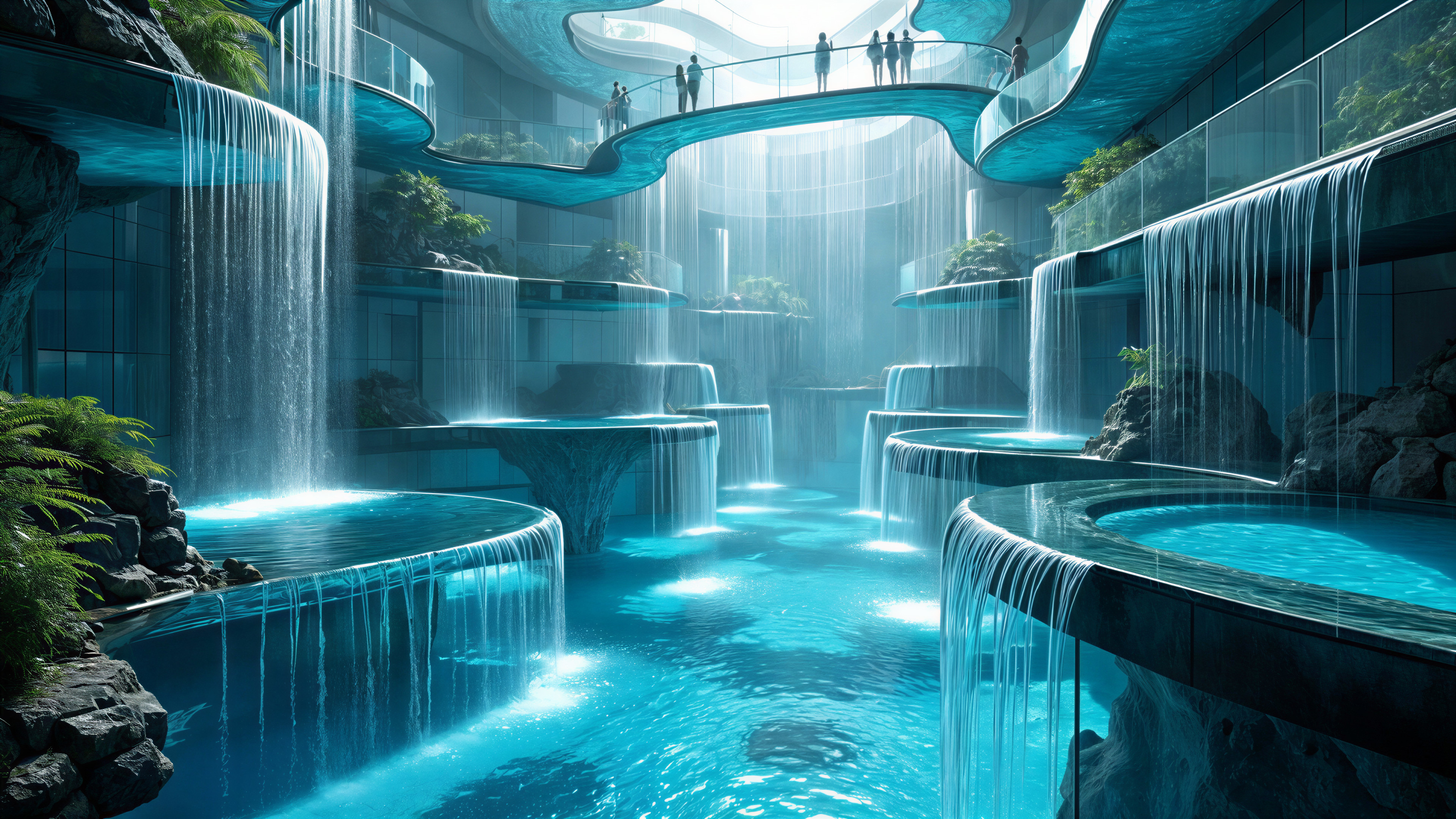 Indoor Oasis with Waterfalls and Lush Greenery