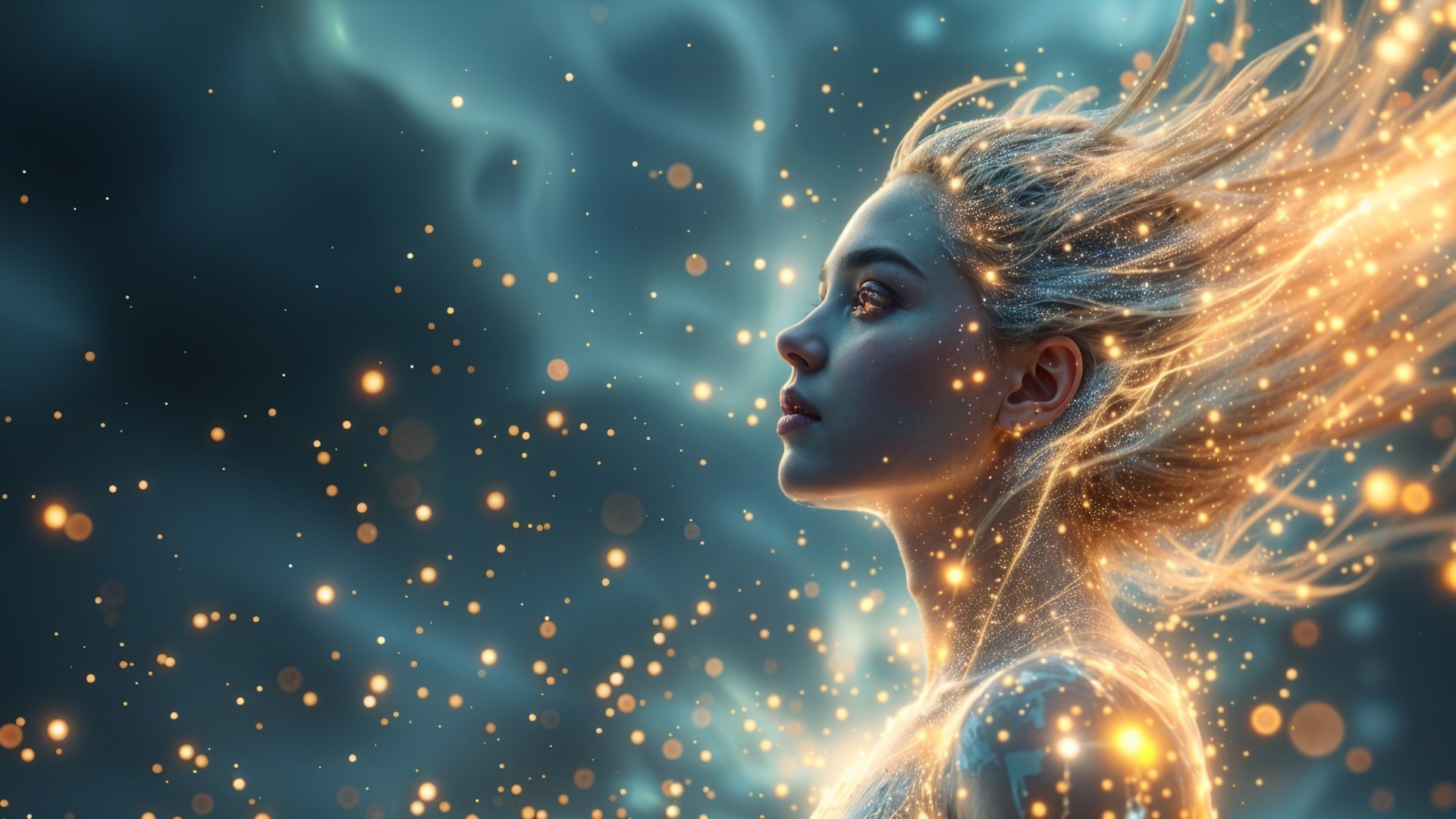 Young Woman in Profile Surrounded by Golden Sparkles