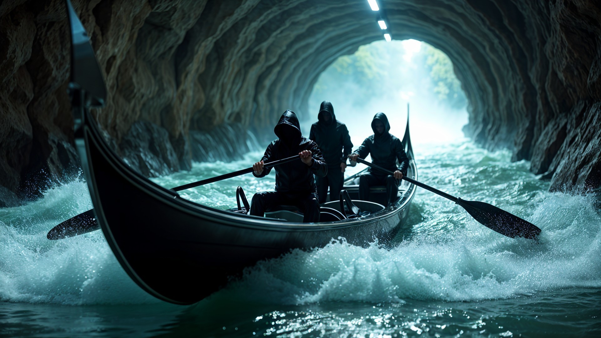 Hooded Figures in Gondola Navigate Dark Cavern Waters