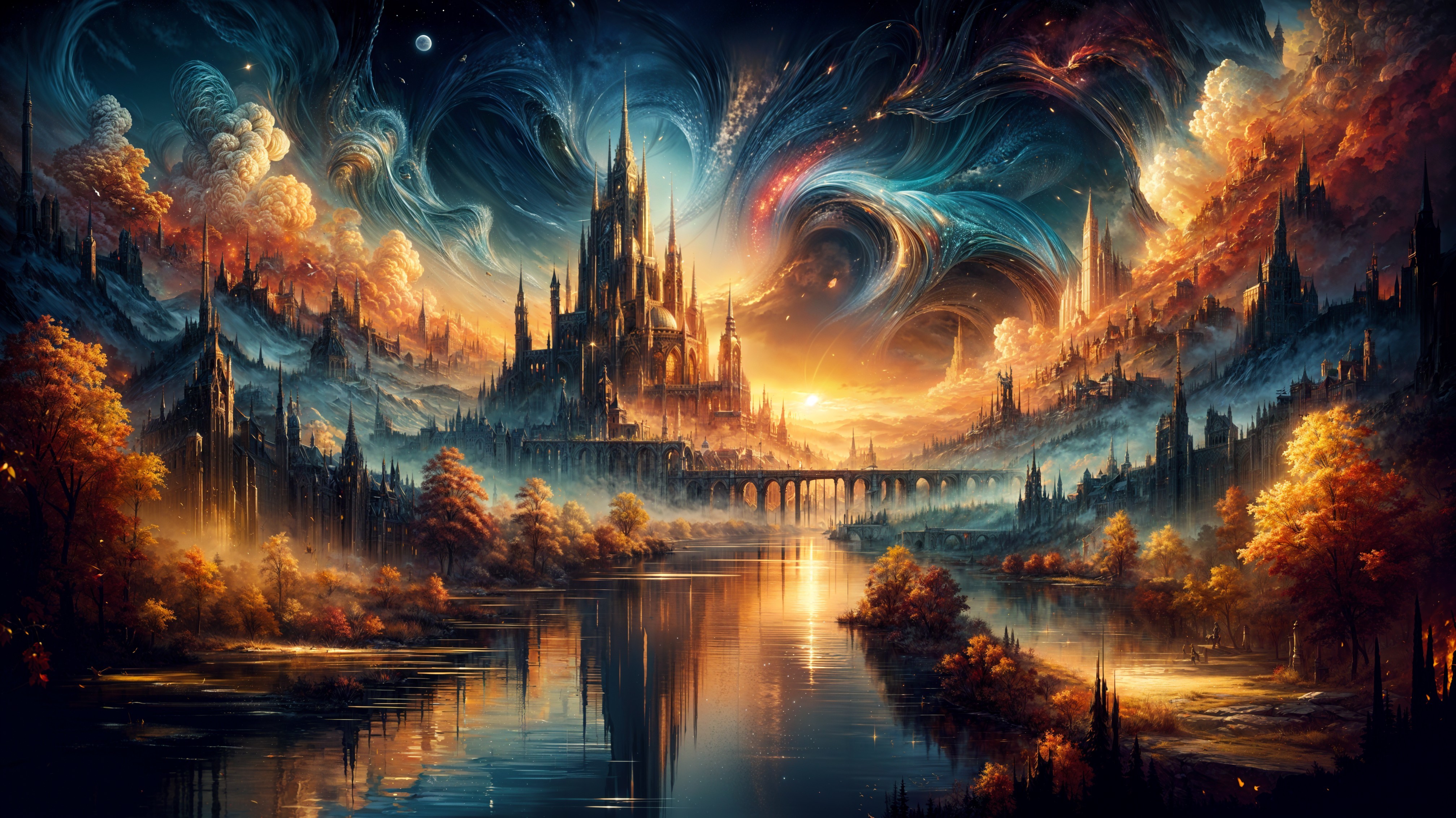 Majestic Fantasy Landscape with Grand Castle and Sunset