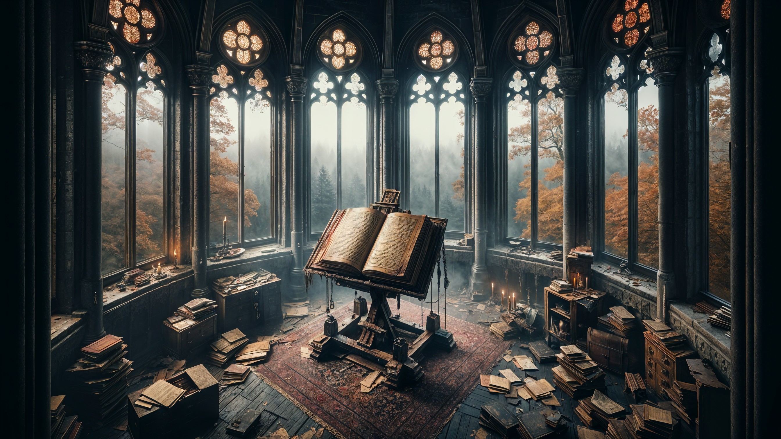 Grand Dimly Lit Library with Gothic Windows and Books