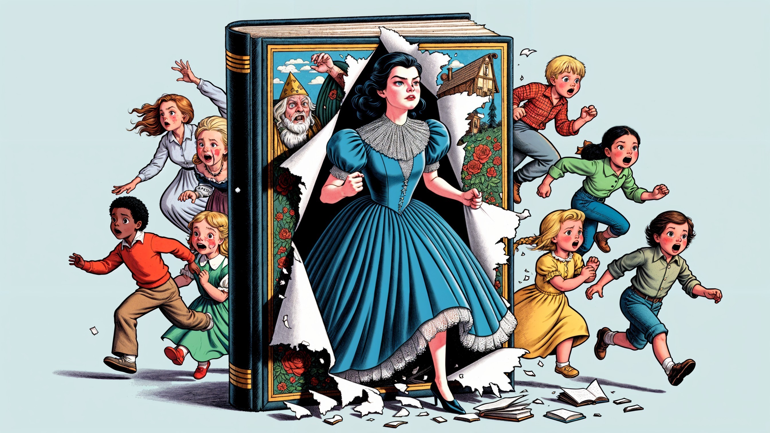 Vibrant Illustration of a Woman and Children from a Storybook