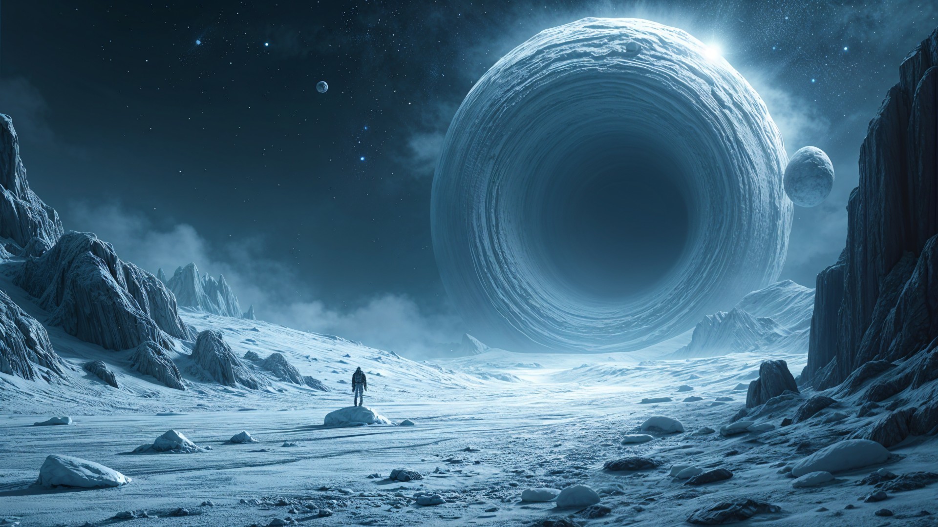 Lone Figure Observes Black Hole in Icy Landscape