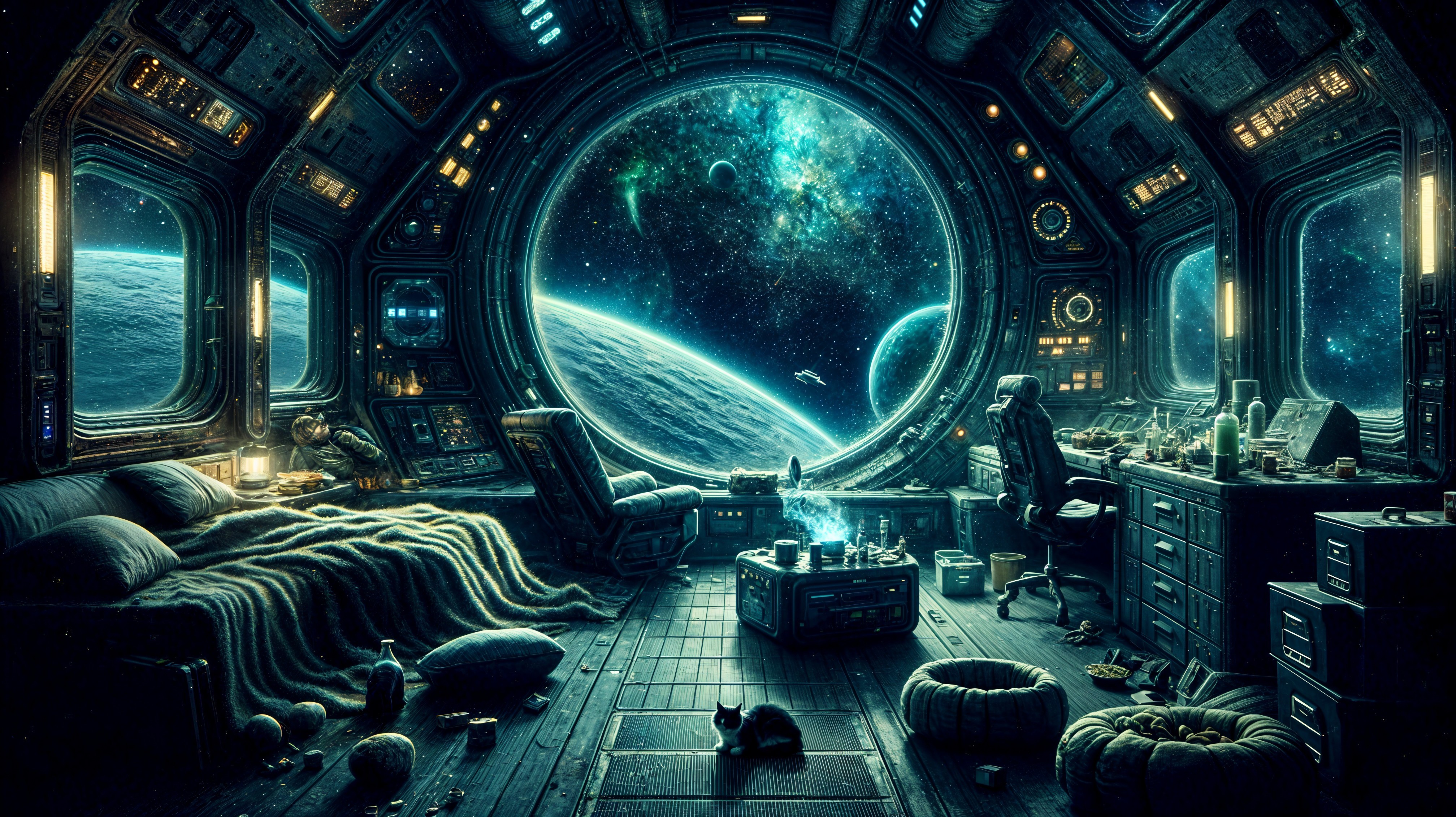 Futuristic Spaceship Interior with Galaxy View