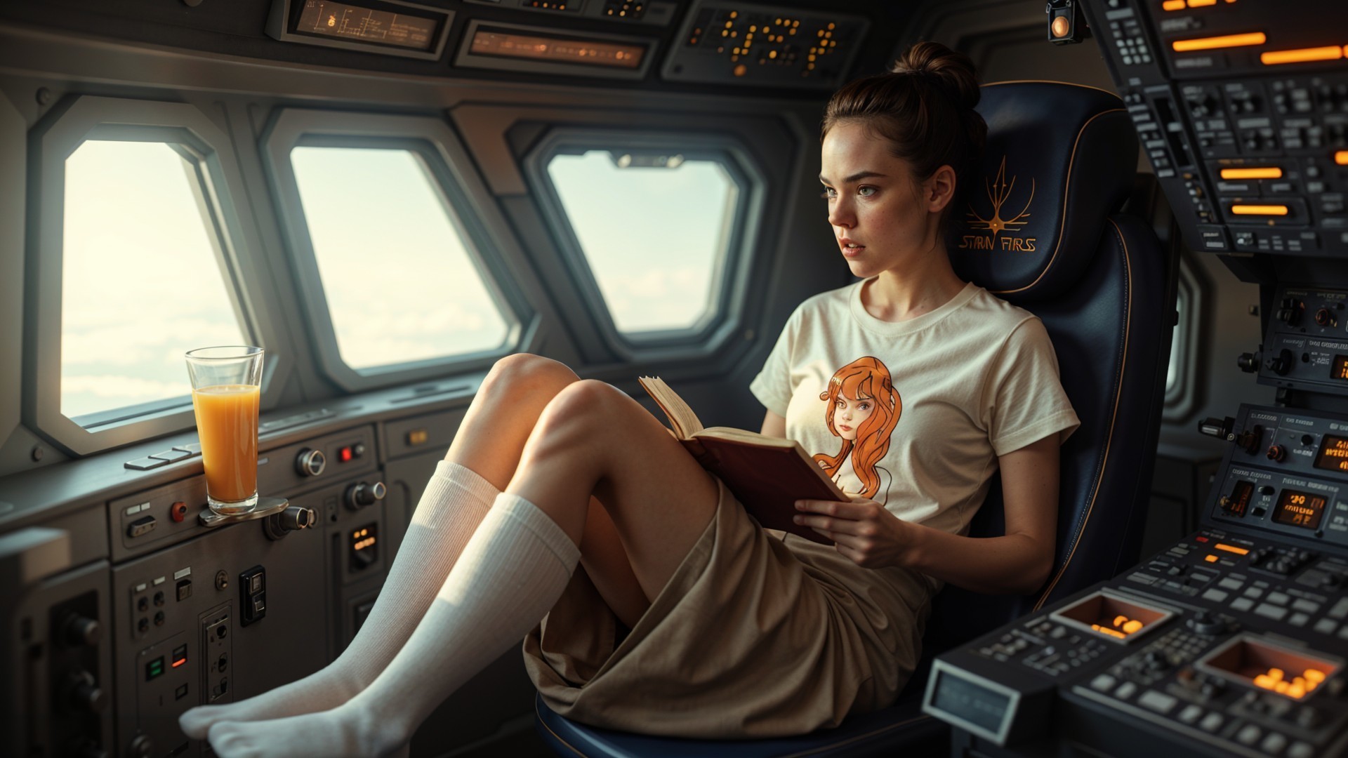 Young woman reading in futuristic cockpit with orange juice