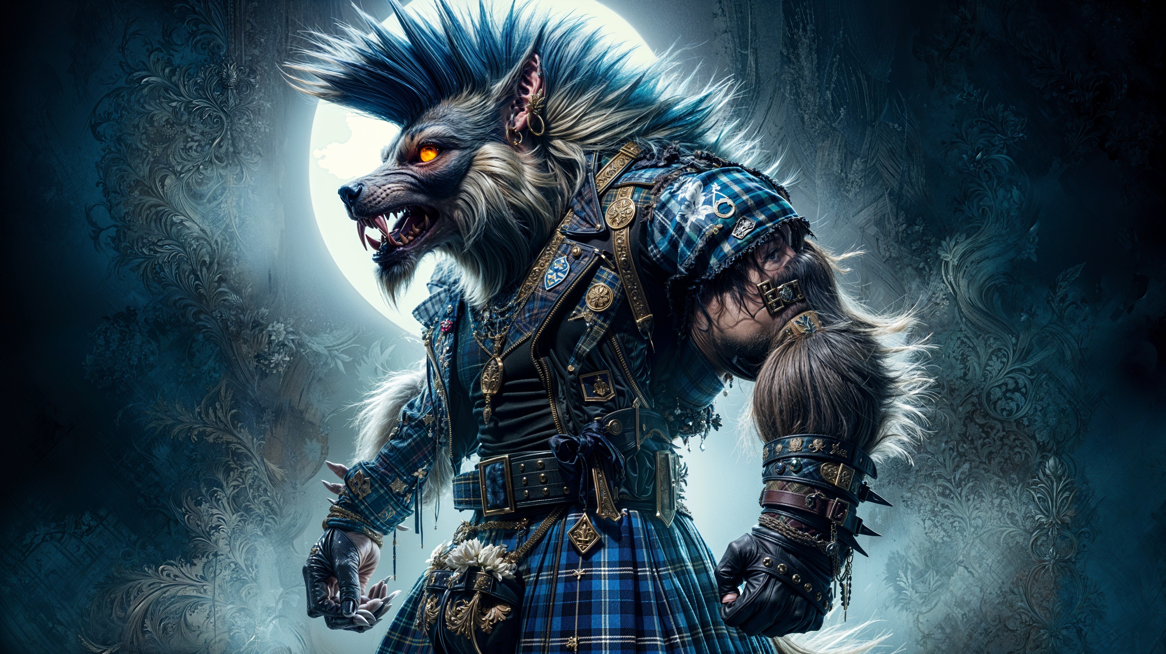 Fierce Werewolf Warrior in Mystical Moonlit Scene