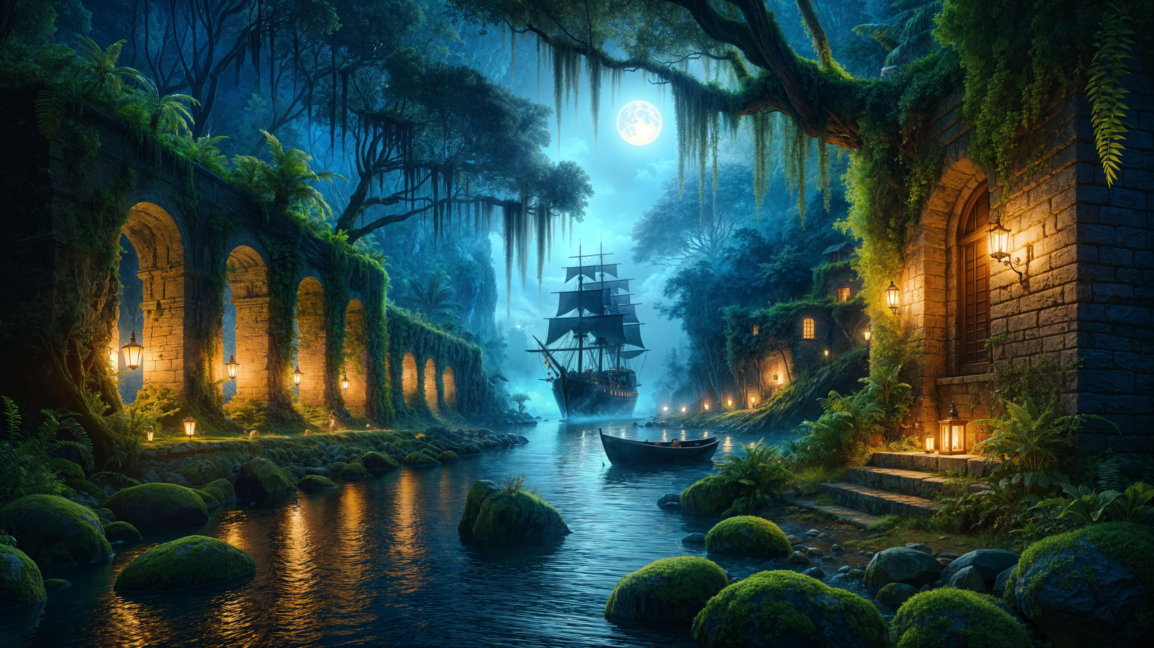 Moonlit Tranquility by a Serene Waterway