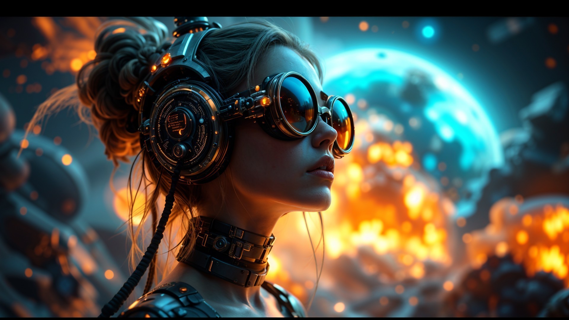 Futuristic woman with glowing technology in cosmic scene