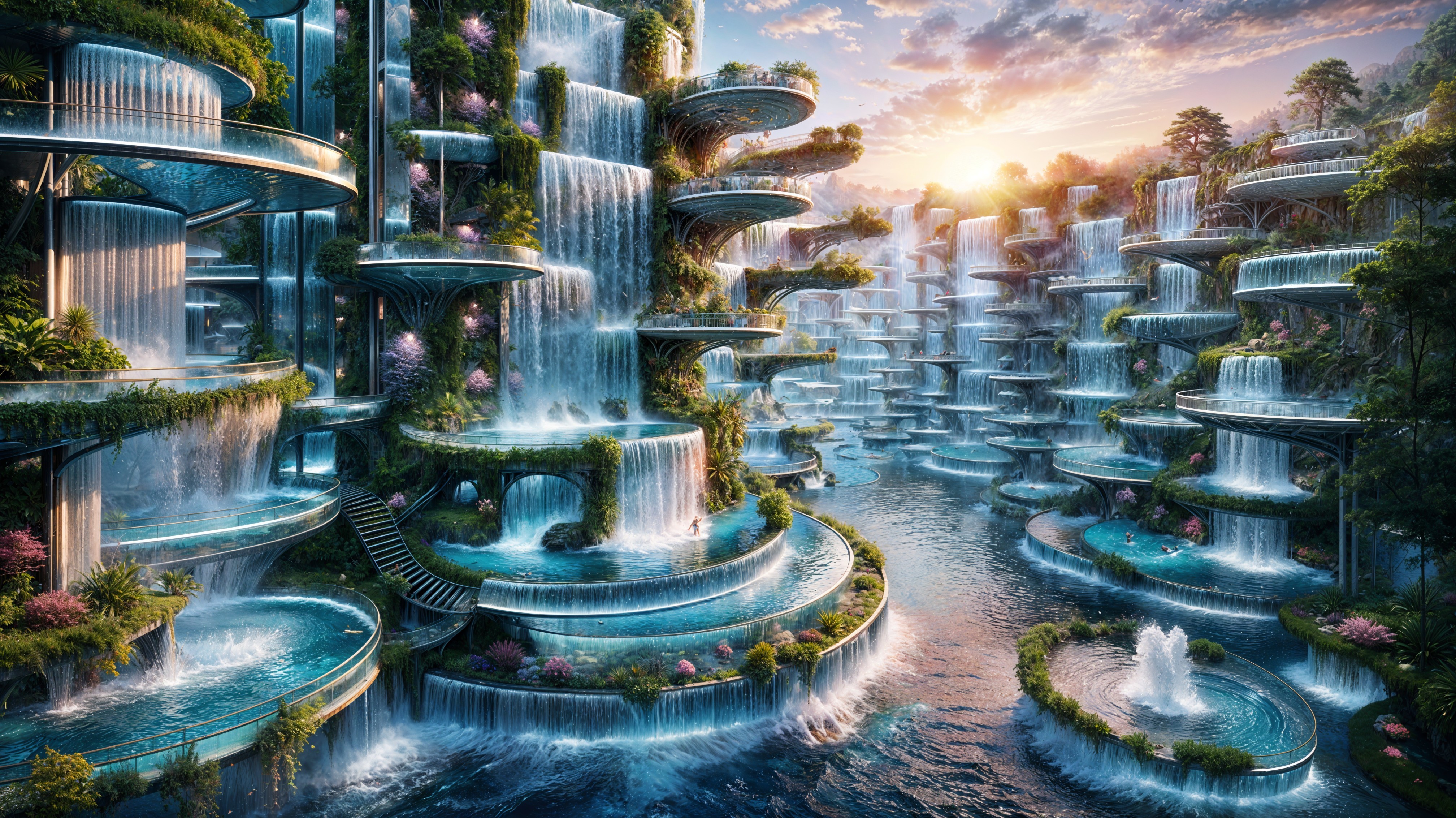 Cascading Waterfalls in a Vibrant Sunset Landscape