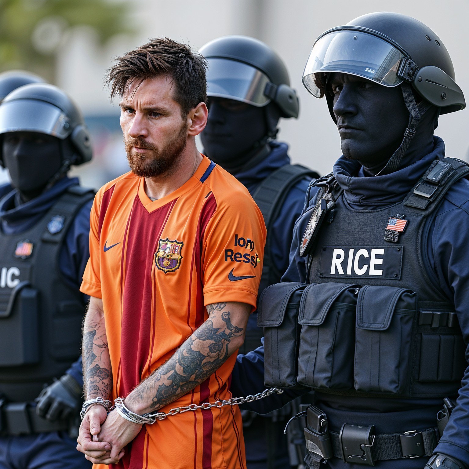 Man in Orange Jersey Surrounded by Armed Officers