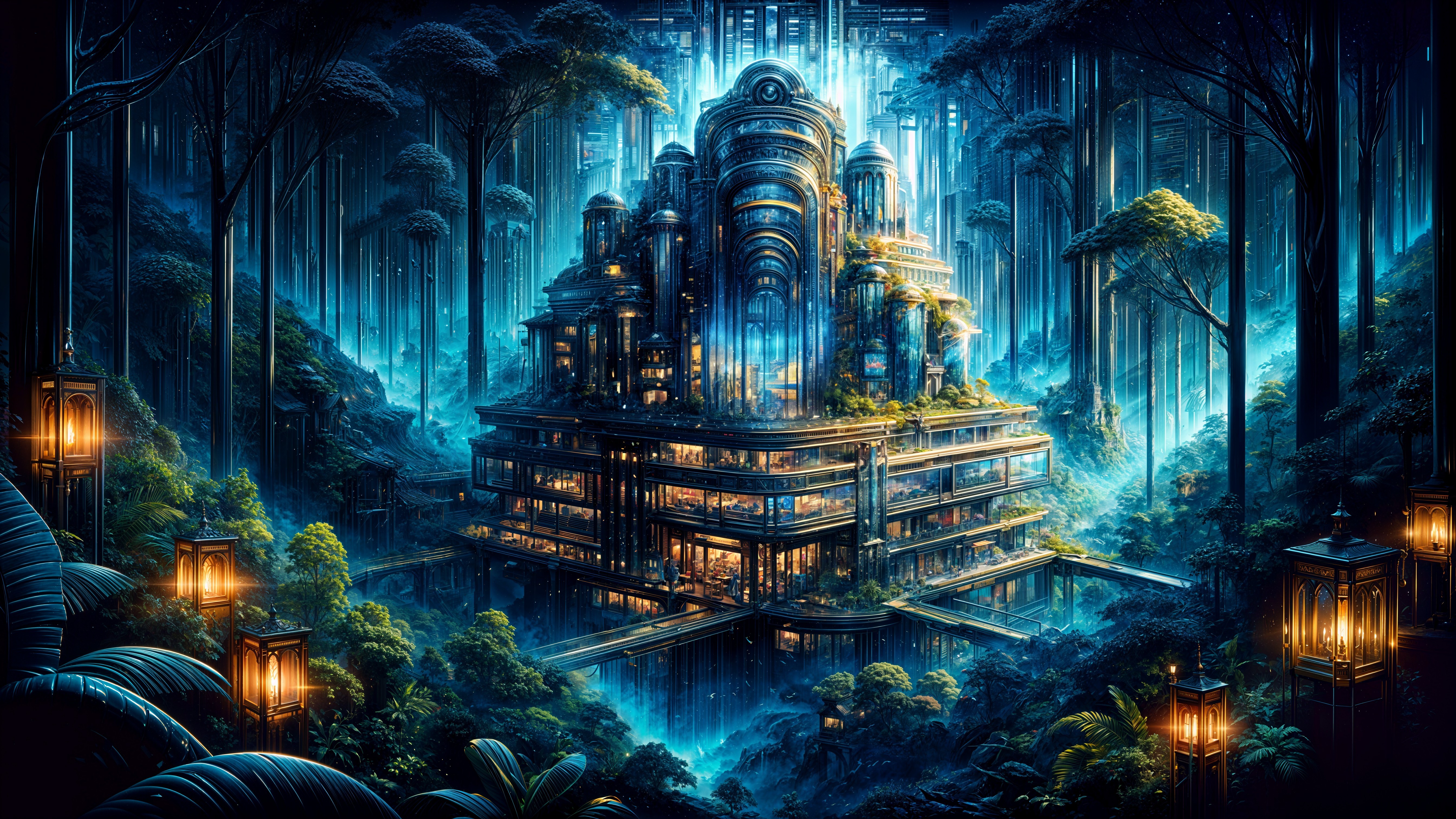 Futuristic Structure in a Luminous Forest Setting